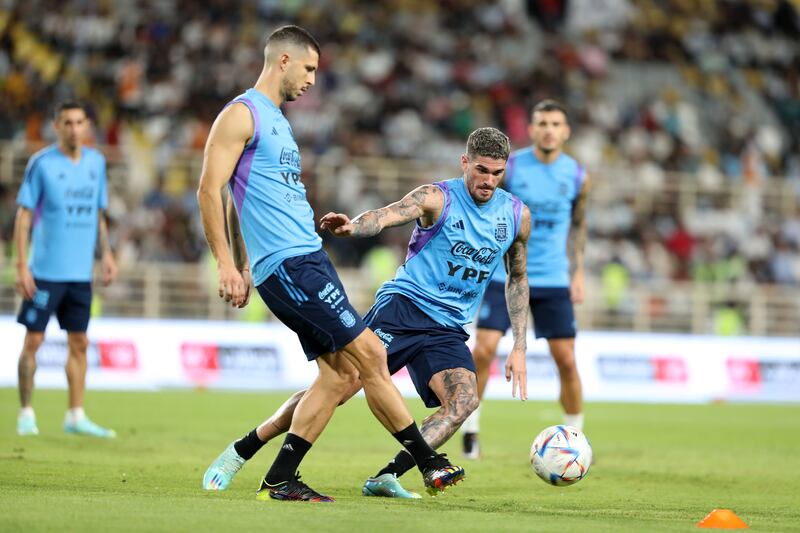 Argentina midfielder Rodrigo De Paul training at Al Nahyan Stadium.