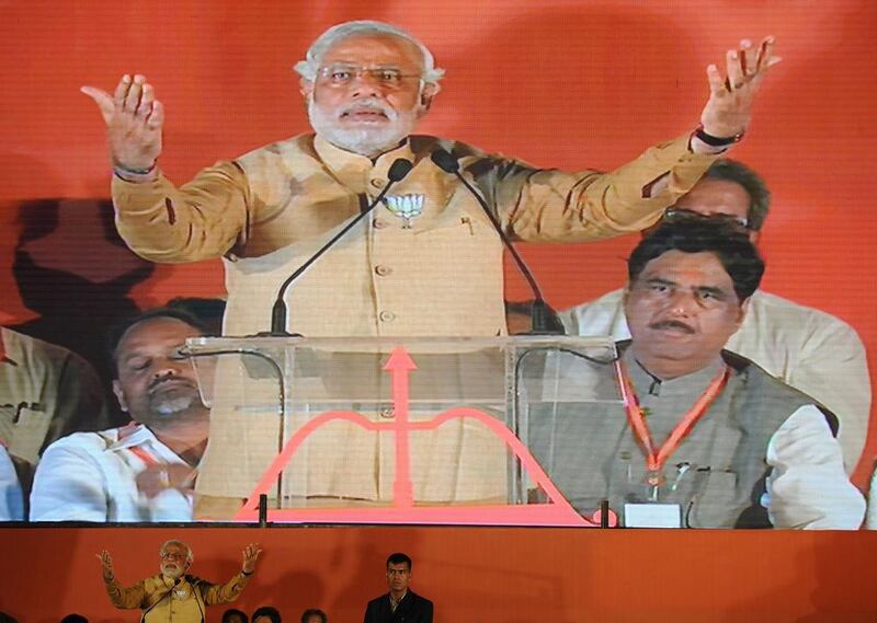 Narendra Modi, the Bharatiya Janata Party’s prime ministerial candidate in India’s general election, speaks at a rally in Mumbai on April 21, 2014. Indranil Mukherjee / AFP