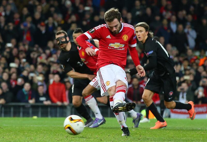 MANCHESTER, ENGLAND - FEBRUARY 25:  Juan Mata of Manchester United kicks the penalty saved by Mikkel Andersen of Midtjylland during the UEFA Europa League Round of 32 second leg match between Manchester United and FC Midtjylland at Old Trafford on February 25, 2016 in Manchester, United Kingdom.  (Photo by Alex Livesey/Getty Images)
