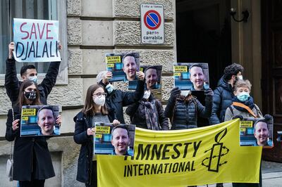 Amnesty International protesters demonstrate in Turin, Italy, against the death penalty for Ahmadreza Jalali in Iran. EPA