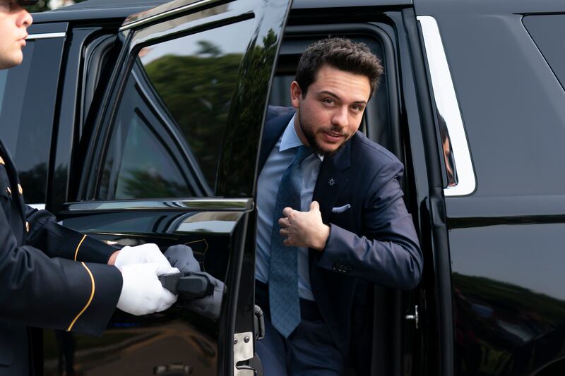 Crown Prince of Jordan Hussein bin Abdullah arrives with his father, King Abdullah II, at the Kamala Harris's official residence in Washington on July 20, 2021, where King Abdullah met Ms Harris for a working breakfast. AP