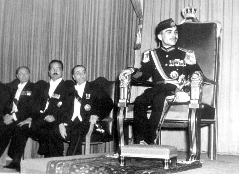 A picture shows King Hussein of Jordan when he was crowned in 1952 in Amman. The Middle East's longest serving ruler celebrates 46 years on the throne 11 August in the United States, thousands of miles from his country, on the eve of a second round of chemotherapy for cancer of the lymph glands. (Photo by PETRA / AFP)