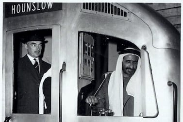 Sheikh Rashid drives a London Underground Piccadilly line train to Hounslow. Courtesy Arabian Gulf Digital Archive