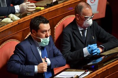 epa08323465 Italian Senator and leader of the Lega Nord party Matteo Salvini (L) attends a session of Italian Senate about the measures taken to counter the spread of the Coronavirus Covid19 pandemic in Italy, Rome, Italy, 26 March 2020. Countries around the world are taking increased measures to stem the widespread of the SARS-CoV-2 coronavirus which causes the Covid-19 disease.  EPA/ALESSANDRO DI MEO