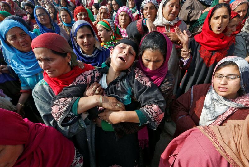 Women wail during the funeral of Abdul Salam Khan, an Indian policeman who according to local media was killed on Saturday after suspected militants attacked a police patrol at Rajpora in Pulwama district. Danish Ismail / Reuters