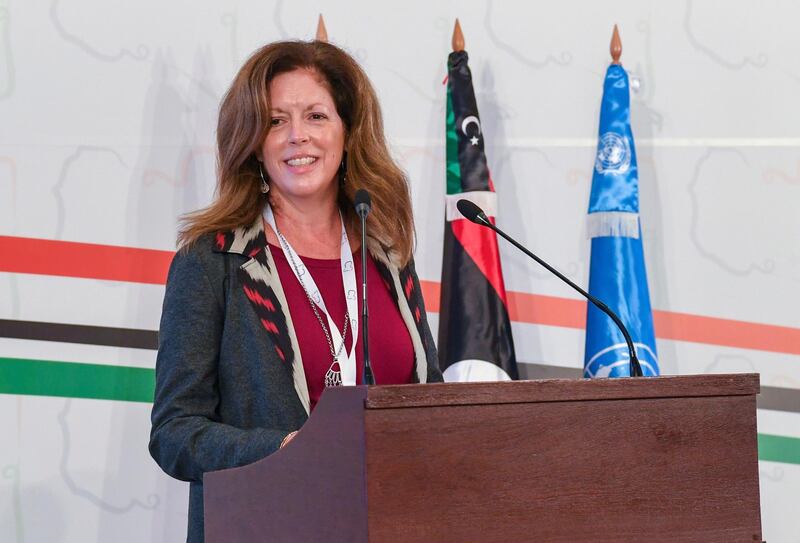 Stephanie Williams, Acting Special Representative of the Secretary-General and Head of the United Nations Support Mission attends the opening ceremony of the Libya's peace talks in Tunis, Tunisia, Monday Nov. 9, 2020. Libya's rival factions began much-awaited political peace talks in Tunisia's capital on Monday brokered by the United Nations, with a goal of drawing a roadmap to presidential and parliamentary elections. (AP Photo/Hassene Dridi)