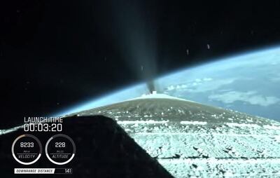 A screengrab from a video mounted on the rocket, taken after the outer casing began to separate about three and a half minutes after launch. Courtesy: Nasa