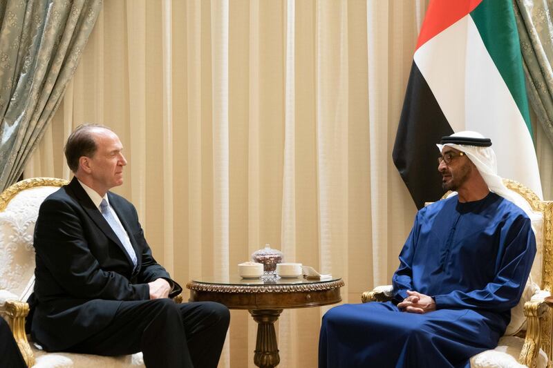 ABU DHABI, UNITED ARAB EMIRATES - February 16, 2020: HH Sheikh Mohamed bin Zayed Al Nahyan, Crown Prince of Abu Dhabi and Deputy Supreme Commander of the UAE Armed Forces (R), meets with David Malpass, President of the World Bank Group (L), at Al Shati Palace.

( Rashed Al Mansoori / Ministry of Presidential Affairs )
---
