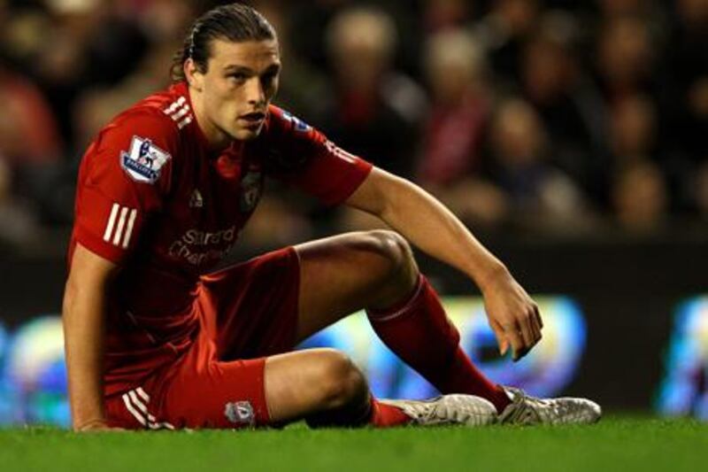 LIVERPOOL, ENGLAND - MAY 01:  Andy Carroll of Liverpool reacts to a missed chance during the Barclays Premier League match between Liverpool and Fulham at Anfield on May 1, 2012 in Liverpool, England.  (Photo by Clive Brunskill/Getty Images)