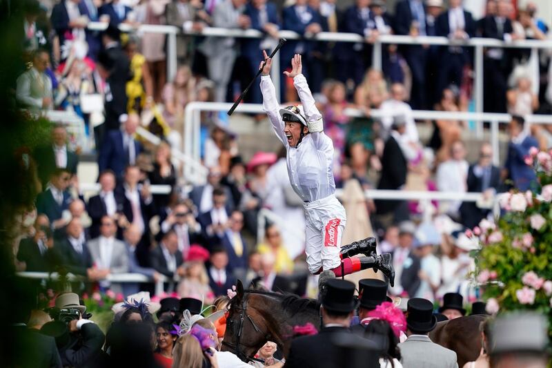 Frankie Dettori celebrates after riding Advertise to win The Commonwealth Cup on day four of Royal Ascot at Ascot Racecourse in Ascot, England. Getty Images