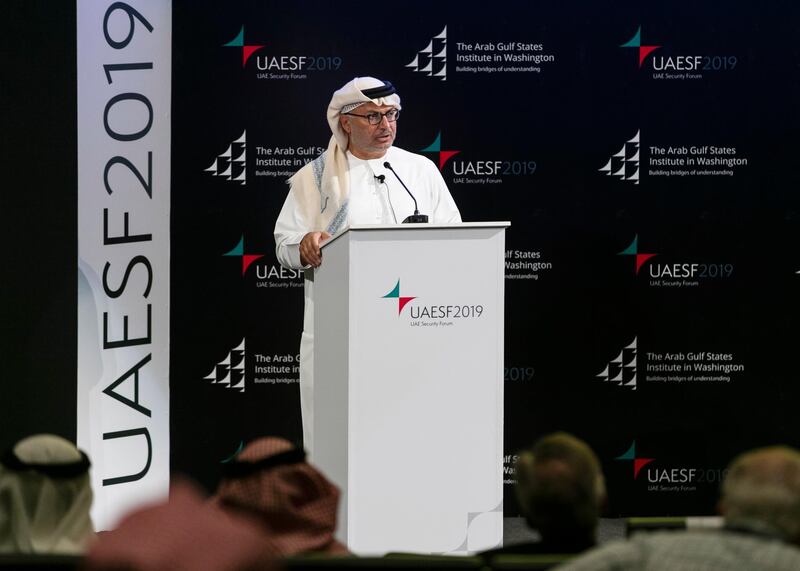 ABU DHABI, UNITED ARAB EMIRATES. 12 DECEMBER 2019. 
H.E. Anwar Gargash, Minister of State for Foreign Affairs, United Arab Emirates, speaking at UAE Security Forum 2019: Reshaping the Future of the Horn of Africa, at NYU AD.

(Photo: Reem Mohammed/The National)

Reporter:
Section: