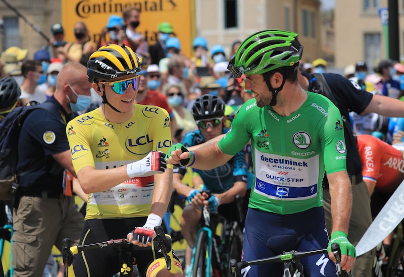 Tadej Pogacar and Mark Cavendish at the start of Stage 14.