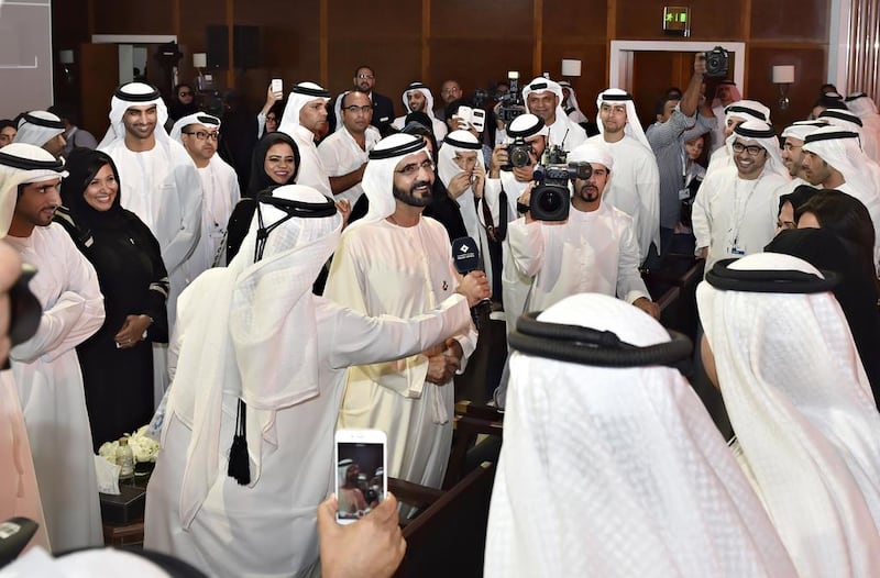 Sheikh Mohammed bin Rashid, Vice President and Ruler of Dubai, addresses members of the media during the second Emirati Media Forum. 