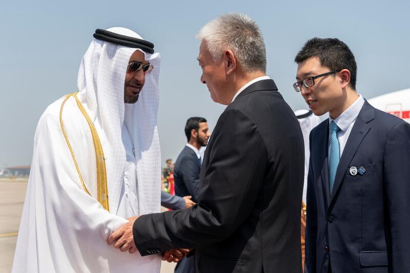 BEIJING, CHINA - July 21, 2019: HH Sheikh Mohamed bin Zayed Al Nahyan, Crown Prince of Abu Dhabi and Deputy Supreme Commander of the UAE Armed Forces (L), arrives at Beijing Capital International Airport, commencing a state visit to China.

( Rashed Al Mansoori / Ministry of Presidential Affairs )
---