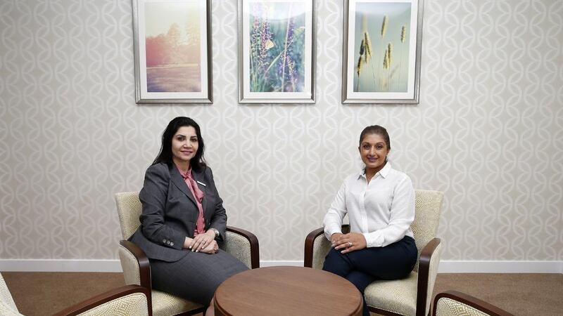 Dr Rasha Bassim, left, clinical director of Priory Wellbeing Centre in Dubai.the Priory clinic in Dubai, and Tanya Dharamshi, the clinic’s therapy services manager. Psychologists at the clinic have offered tips how to avoid anxiety during the coronavirus outbreak. The National