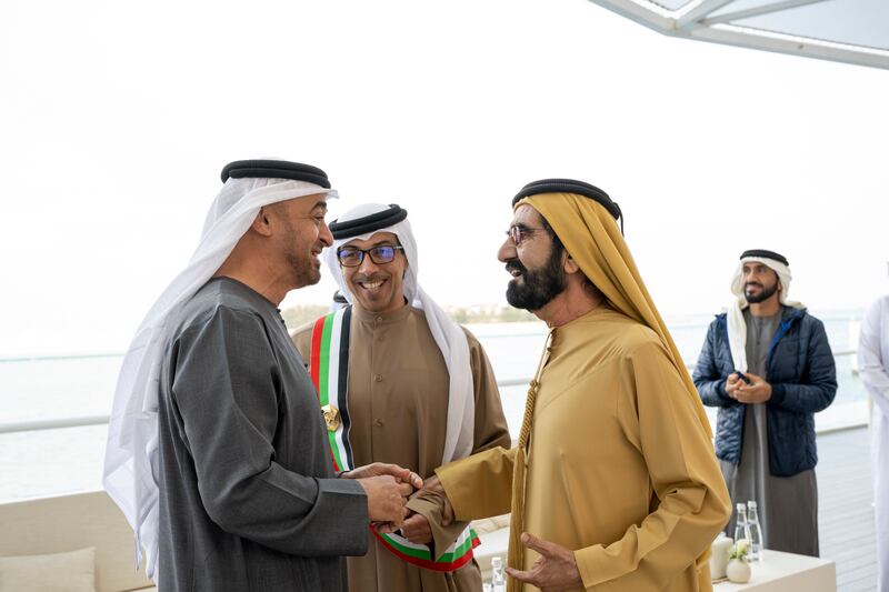 President Sheikh Mohamed greets Sheikh Mohammed bin Rashid, Vice President and Ruler of Dubai, and Sheikh Mansour bin Zayed, Deputy Prime Minister and Minister of the Presidential Court