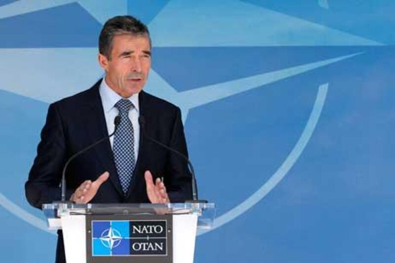 Nato Secretary General Anders Fogh Rasmussen briefs the media after a meeting of the North Atlantic Council at the Alliance headquarters in Brussels.