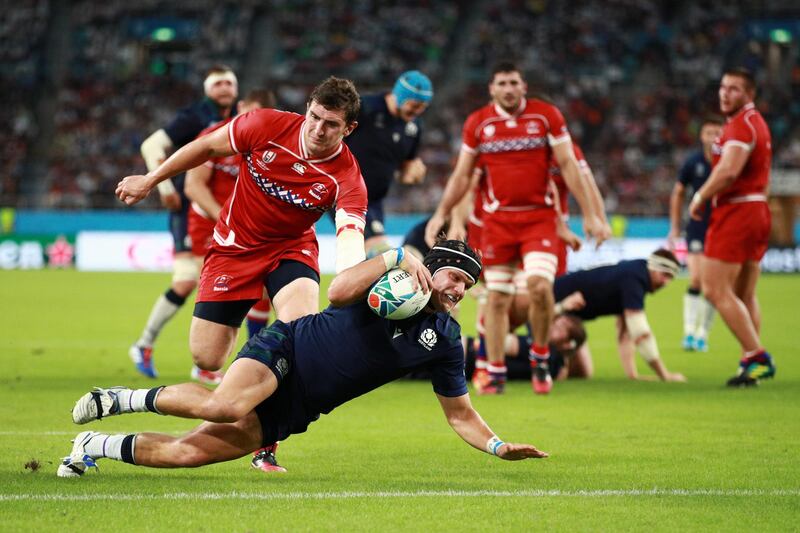 George Turner of Scotland scores his team's fifth try during the Rugby World Cup 2019 Group A game between Scotland and Russia at Shizuoka Stadium Ecopa in Fukuroi, Shizuoka, Japan. Getty Images