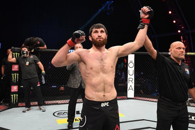 ABU DHABI, UNITED ARAB EMIRATES - OCTOBER 24:  Magomed Ankalaev of Russia celebrates his KO victory over Ion Cutelaba of Moldova in their light heavyweight bout during the UFC 254 event on October 24, 2020 on UFC Fight Island, Abu Dhabi, United Arab Emirates. (Photo by Josh Hedges/Zuffa LLC via Getty Images)