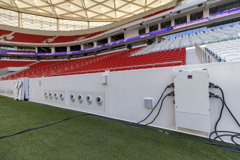 Pitch-side air conditioning vents at the Al Thumama Stadium in Doha. Bloomberg