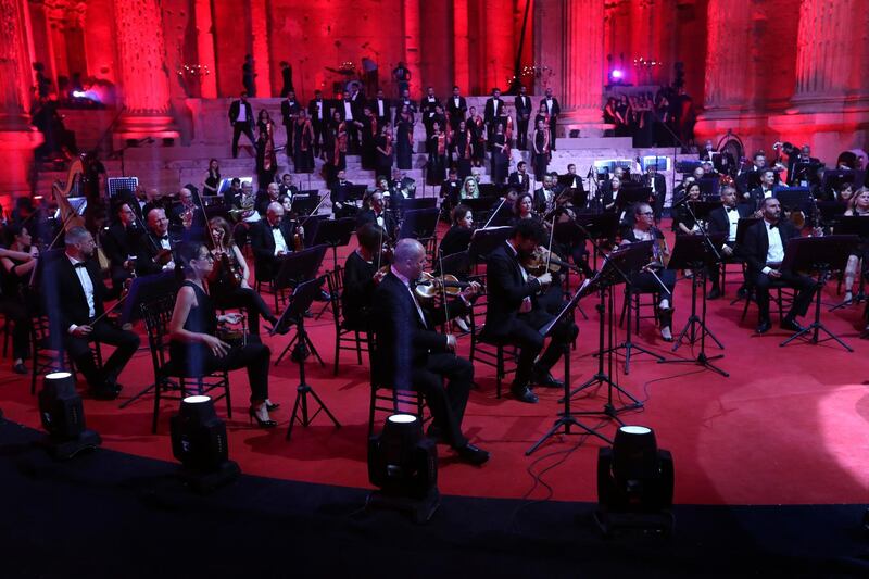 Musicians from the Lebanese Philharmonic Orchestra perform during a concert in the ancient northeastern city of Baalbek, Lebanon. AP Photo