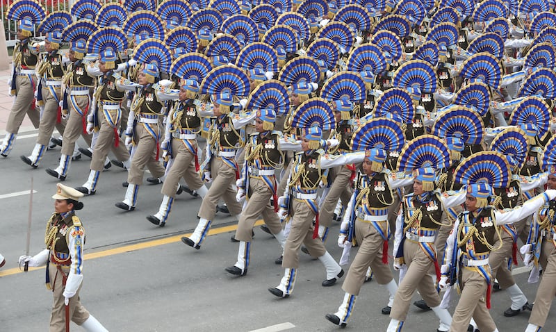 Women from the Central Reserve Police Force take in the parade for India's 74th Republic Day in New Delhi. EPA