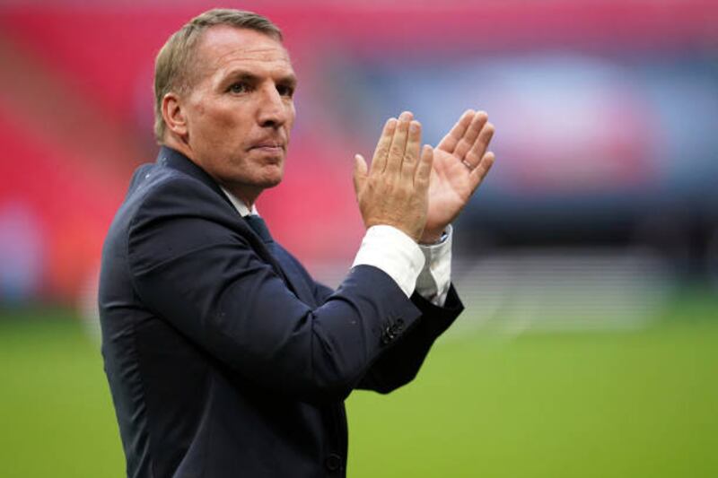 Leicester City manager Brendan Rodgers applauds fans after winning the Community Shield at Wembley Stadium.