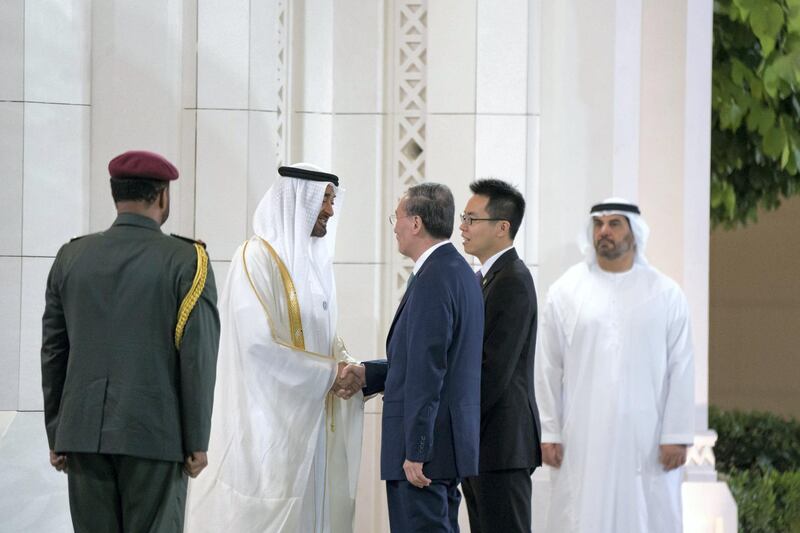 ABU DHABI, UNITED ARAB EMIRATES - October 29, 2018: HH Sheikh Mohamed bin Zayed Al Nahyan, Crown Prince of Abu Dhabi and Deputy Supreme Commander of the UAE Armed Forces (L), receives HE Wang Qishan, Vice President of China (3rd R), at the Presidential Palace.

( Mohamed Al Hammadi / Crown Prince Court - Abu Dhabi )
---