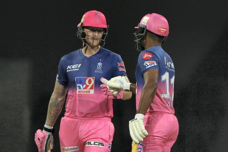 Sanju Samson of Rajasthan Royals and Ben Stokes of Rajasthan Royals during match 45 of season 13 of the Dream 11 Indian Premier League (IPL) between the Rajasthan Royals and the Mumbai Indians at the Sheikh Zayed Stadium, Abu Dhabi  in the United Arab Emirates on the 25th October 2020.  Photo by: Pankaj Nangia  / Sportzpics for BCCI