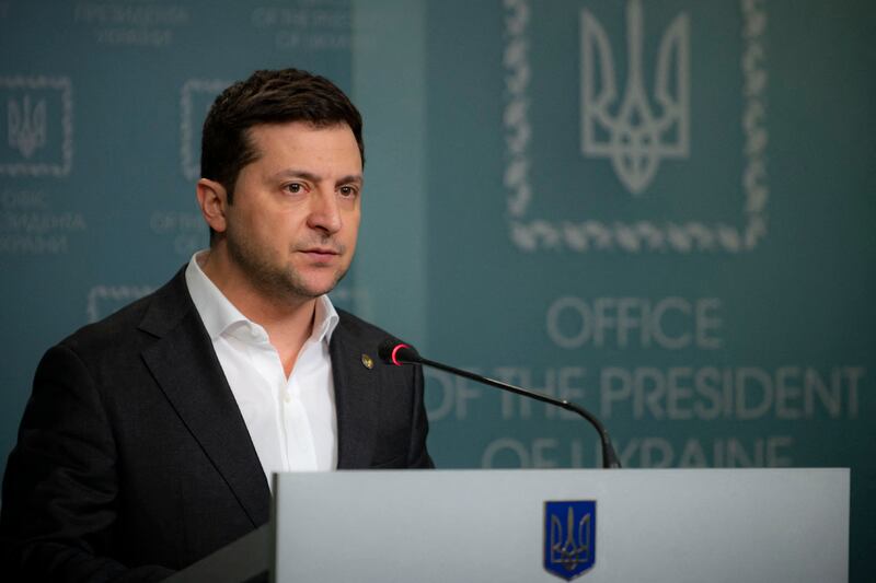 Mr Zelenskyy holds a briefing at the Office of the Head of State in Kyiv in February 2022, after Russian President Vladimir Putin launched a full-scale invasion of Ukraine. AFP