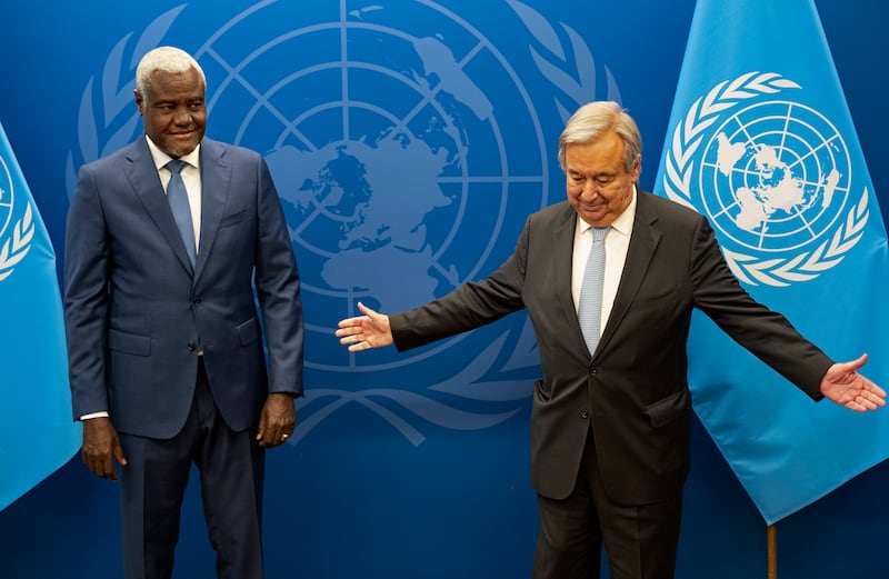 Chairman of the African Union Commission Moussa Faki Mahamat meets UN Secretary General Antonio Guterres. AP