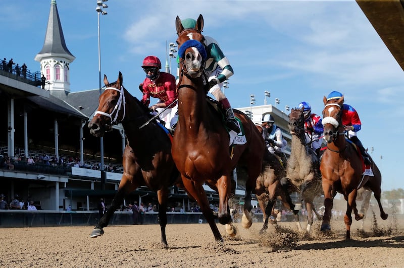 Florent Geroux guides Shedaresthedevil, left, to victory in the Kentucky Oaks at Churchill Downs in Louisville, USA on Friday, September 4.USA TODAY Sports