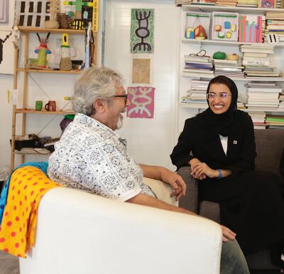 Noura Al Kaabi and UAE’s veteran experimental artist Mohamed Ahmed Ibrahim’s studio in Khor Fakkan. Credit: Ministry of Culture and Youth
