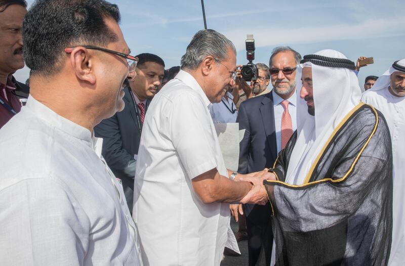 Dr Sheikh Sultan is greeted by Pinarayi Vijayan, chief minister of Kerala; and K T Jaleel, Minister for Local Self-Governments, Welfare of Minorities, Wakf and Haj Pilgrimage in Kerala, Kadakampally Surendran, Minister for Co-operation, Tourism and Devaswoms; upon arriving in Kerala on Monday. Wam