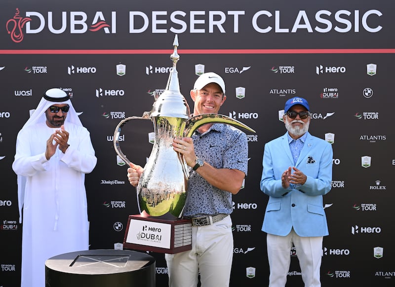 Rory McIlroy alongside his Highness Sheikh Ahmed Bin Saeed Al Maktoum, left, President of Dubai Civil Aviation Authority, Chairman of Dubai Airports and Chairman and Chief Executive of Emirates Airline and Group. Getty