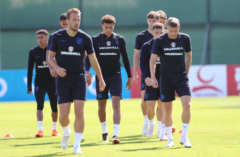 England players Dele Alli (C), Harry Kane (L), Jamie Vardy (R) and teammates during a training session at the Spartak Zelenogorsk Stadium, Zelenogorsk, Russia. EPA