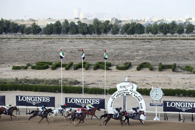 Sharjah, United Arab Emirates - November 28, 2020: Af Mezmar ridden by Szczepan Mazur wins the Longines Pioneer Spirit race. Saturday, November 28th, 2020 in Sharjah. Chris Whiteoak / The National