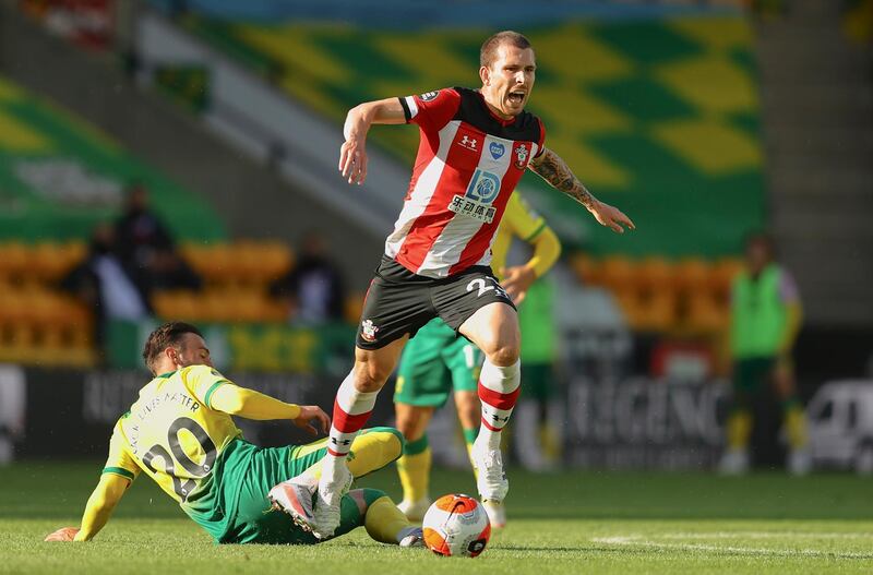 Southampton's Pierre-Emile Hojbjerg on the attack against Norwich. EPA