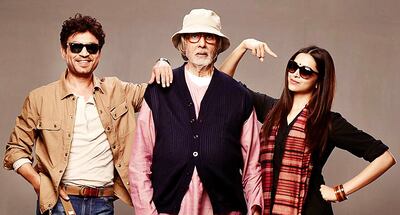 Irrfan Khan, from left, Amitabh Bachchan and Deepika Padukone in a promotional photo for Piku.  2015 Credit: Provided by MSM Motion Pictures *** Local Caption *** al07ma-Piku-p4.jpg