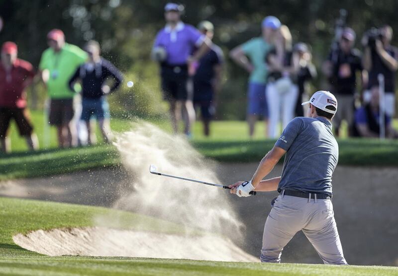 Abu Dhabi, United Arab Emirates, January 18, 2020.  2020 Abu Dhabi HSBC Championship.  Round 3.
  Patrick Cantlay on the bunker of the fifteenth hole.
Victor Besa / The National
Section:  SP
Reporter:  Paul Radley and John McAuleyr