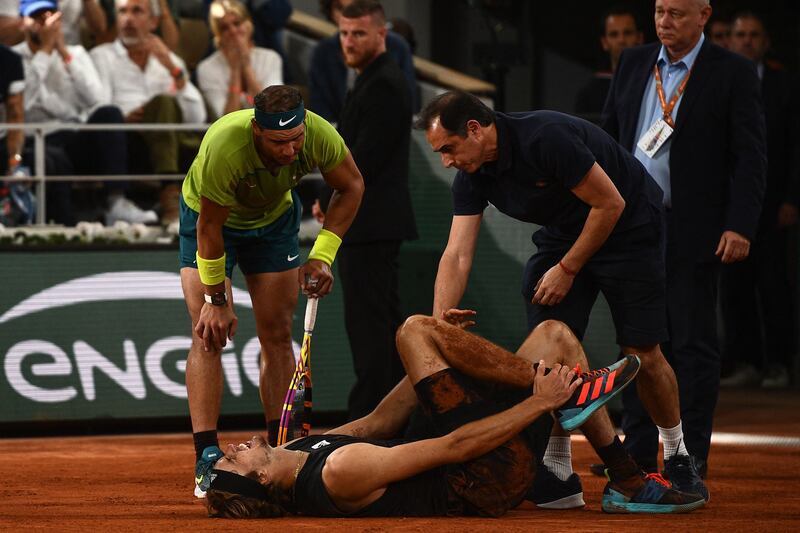 Germany's Alexander Zverev hurt his ankle during the French Open semi-final against Rafael Nadal on Friday, June 3, 2022. AFP