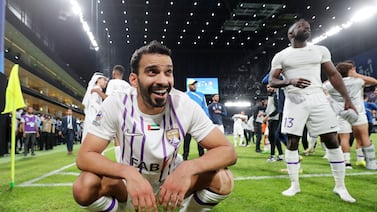 Al Ain's Khalid Al Hashmi celebrates progression to the final after the 2nd leg of the AFC Champions League semi-final between Al Ain and Al Hilal. Kingdom Arena, Riyadh, Saudi Arabia. Chris Whiteoak / The National