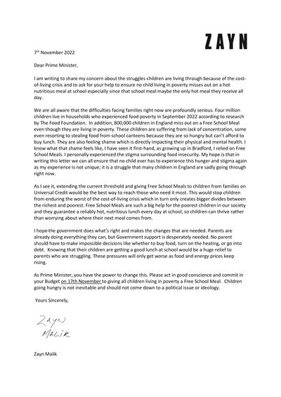 A letter issued by The Food Foundation, written by former One Direction star Zayn Malik to Prime Minister Rishi Sunak. Photo: The Food Foundation