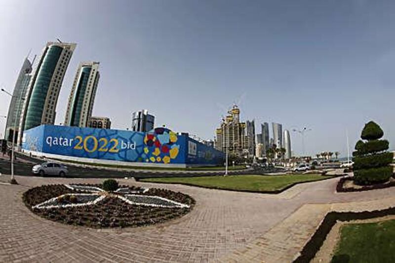 A banner for Qatar's 2022 bid to host the World Cup on the Doha corniche. A Fifa delegation arrived in the capital yesterday on a three-day visit to examine the country's bid to host the prestigious event.