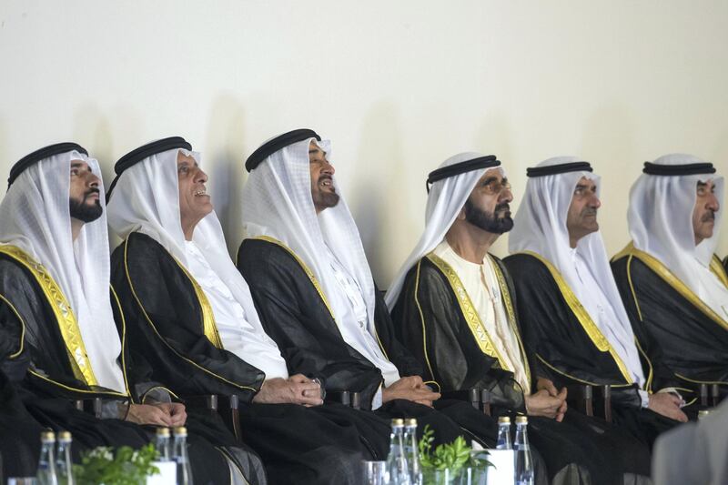 ABU DHABI, UNITED ARAB EMIRATES - February 26, 2018: (L-R) HH Sheikh Hamdan bin Mohamed Al Maktoum, Crown Prince of Dubai, HH Sheikh Saud bin Saqr Al Qasimi, UAE Supreme Council Member and Ruler of Ras Al Khaimah, HH Sheikh Mohamed bin Zayed Al Nahyan, Crown Prince of Abu Dhabi and Deputy Supreme Commander of the UAE Armed Forces, HH Sheikh Mohamed bin Rashid Al Maktoum, Vice-President, Prime Minister of the UAE, Ruler of Dubai and Minister of Defence, HH Sheikh Hamad bin Mohamed Al Sharqi, UAE Supreme Council Member and Ruler of Fujairah, and HH Sheikh Saud bin Rashid Al Mu'alla, UAE Supreme Council Member and Ruler of Umm Al Quwain, attend inauguration of The Founder’s Memorial.  
( Ryan Carter for the Crown Prince Court - Abu Dhabi )
---