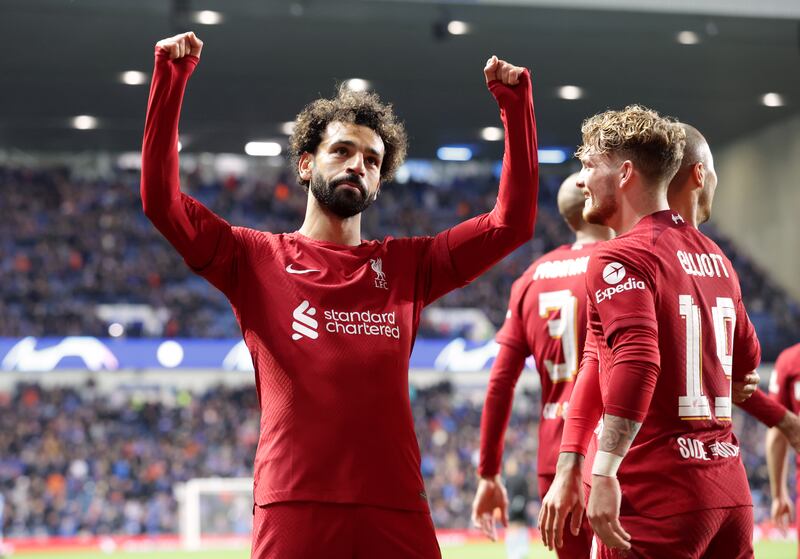 Mohamed Salah celebrates scoring Liverpool's sixth goal to complete his hat-trick. PA