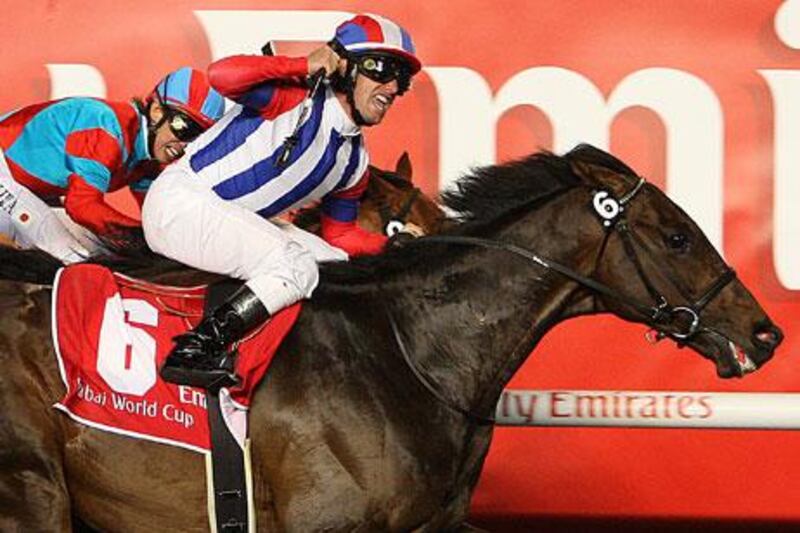 Injuries have forced Victoire Pisa, here with jockey Mirco Demuro aboard winning the Dubai World Cup, into retirement.