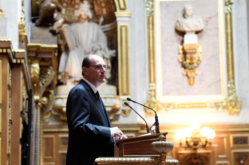 French Prime Minister Jean Castex delivers a speech on stage as part of the French government declaration, followed by a debate, at the French Senate, in Paris, on July 16, 2020. / AFP / Bertrand GUAY
