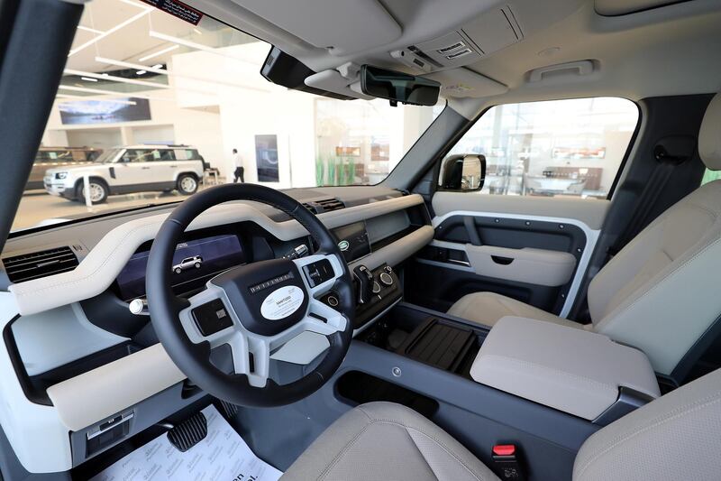 DUBAI, UNITED ARAB EMIRATES , June 27 – 2020 :- Interiors of the Land Rover Defender SE model on display at the Land Rover Defenders showroom on Sheikh Zayed Road in Dubai. (Pawan Singh / The National) For Motoring. Story by Simon
