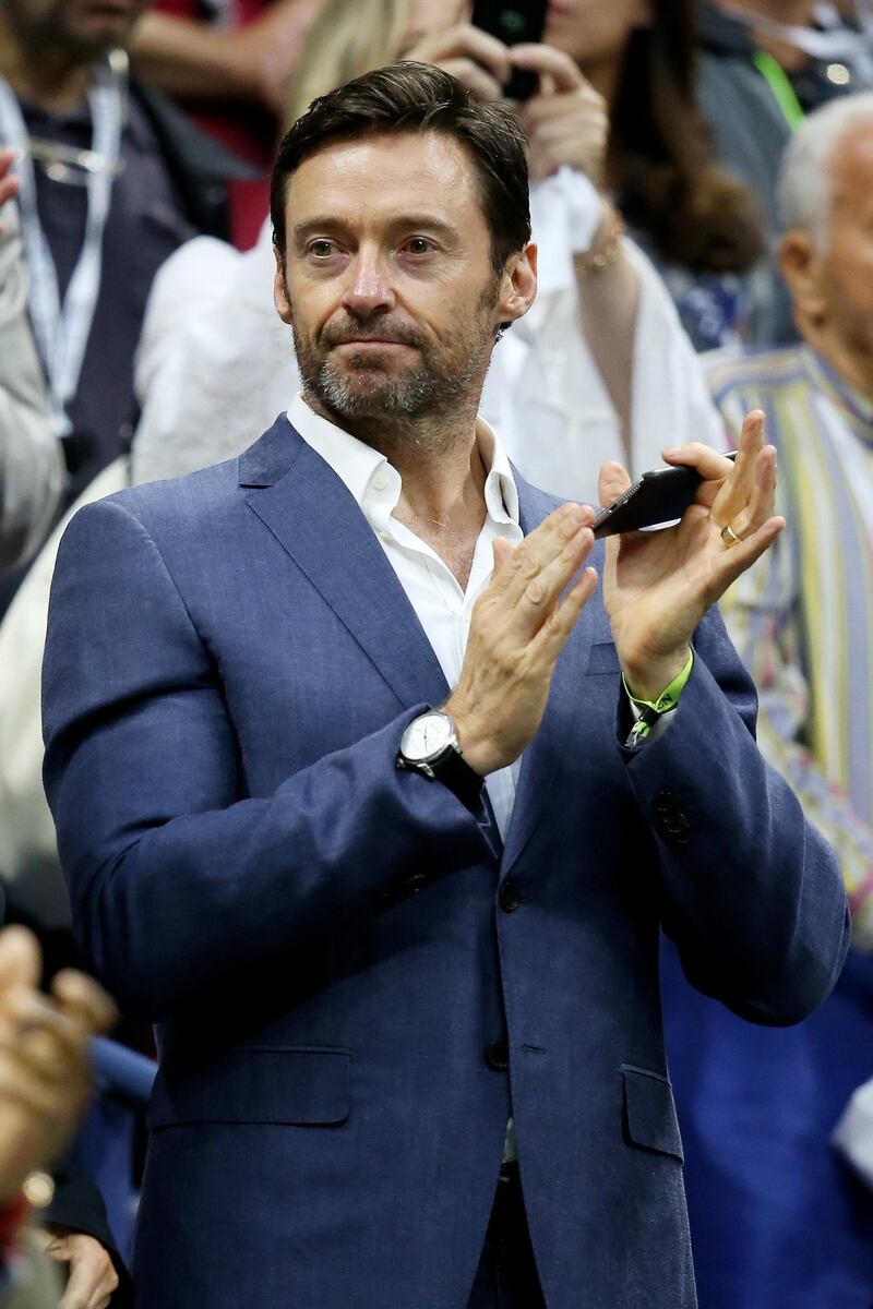 NEW YORK, NY - SEPTEMBER 13: Actor Hugh Jackman attends the Men's Singles Final match between Roger Federer of Switzerland and Novak Djokovic of Serbia on Day Fourteen of the 2015 US Open at the USTA Billie Jean King National Tennis Center on September 13, 2015 in the Flushing neighborhood of the Queens borough of New York City.   Matthew Stockman/Getty Images/AFP